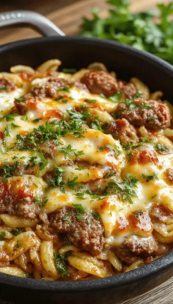 A vibrant skillet featuring golden-brown orzo pasta topped with melted cheese, garnished with fresh herbs and slices of juicy cherry tomatoes, served on a rustic wooden table with a fork and napkin nearby.