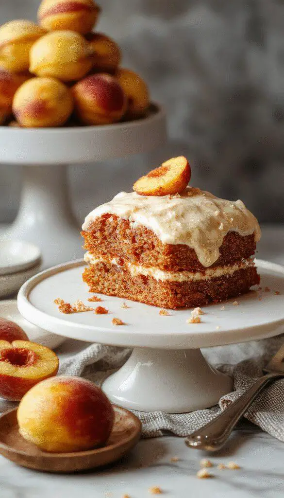 A slice of moist peach cake with a golden brown crust, topped with a generous swirl of brown sugar frosting and fresh peach slices, presented on a rustic white plate with delicate dessert forks nearby, steam gently rising from the warm cake.
