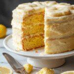 A slice of the Healthy Pioneer Woman Lemon Cake displays a moist, golden-yellow crumb topped with a delicate dusting of powdered sugar. The cake is presented on a rustic white plate with a fork beside it, showing its tender texture and zesty lemon glaze that glistens subtly. In the background, a whole cake sits on a platter, garnished with thin lemon slices and fresh mint sprigs, highlighting its inviting, vibrant appearance.