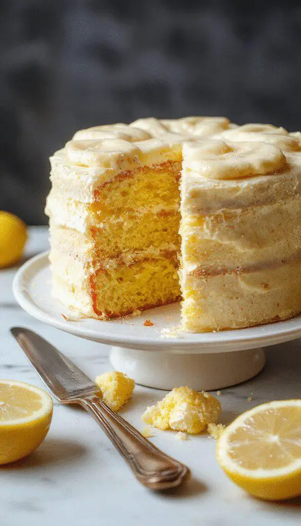 A slice of the Healthy Pioneer Woman Lemon Cake displays a moist, golden-yellow crumb topped with a delicate dusting of powdered sugar. The cake is presented on a rustic white plate with a fork beside it, showing its tender texture and zesty lemon glaze that glistens subtly. In the background, a whole cake sits on a platter, garnished with thin lemon slices and fresh mint sprigs, highlighting its inviting, vibrant appearance.