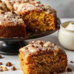 A beautifully layered pumpkin cake topped with whipped cream and sprinkled with cinnamon, presented on a rustic wooden platter. The cake's vibrant orange hue contrasts with the creamy white frosting, showcasing its moist texture and inviting appearance. Fresh pumpkin slices and cinnamon sticks adorn the side, enhancing its autumnal appeal.