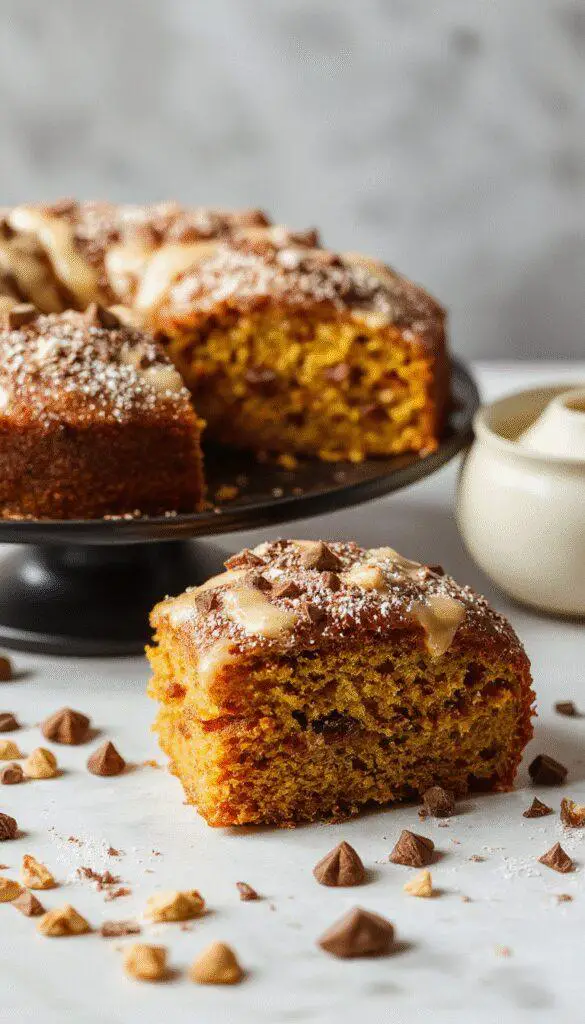 A beautifully layered pumpkin cake topped with whipped cream and sprinkled with cinnamon, presented on a rustic wooden platter. The cake's vibrant orange hue contrasts with the creamy white frosting, showcasing its moist texture and inviting appearance. Fresh pumpkin slices and cinnamon sticks adorn the side, enhancing its autumnal appeal.