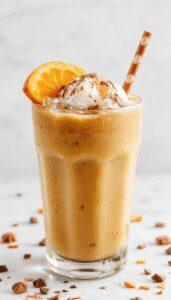 A tall glass filled with a creamy, light-colored pumpkin chai iced latte topped with a swirl of whipped cream and a sprinkle of cinnamon, garnished with a cinnamon stick. The beverage showcases a smooth, frothy texture with visible specks of spice, served on a rustic wooden table with autumnal decor in the background.