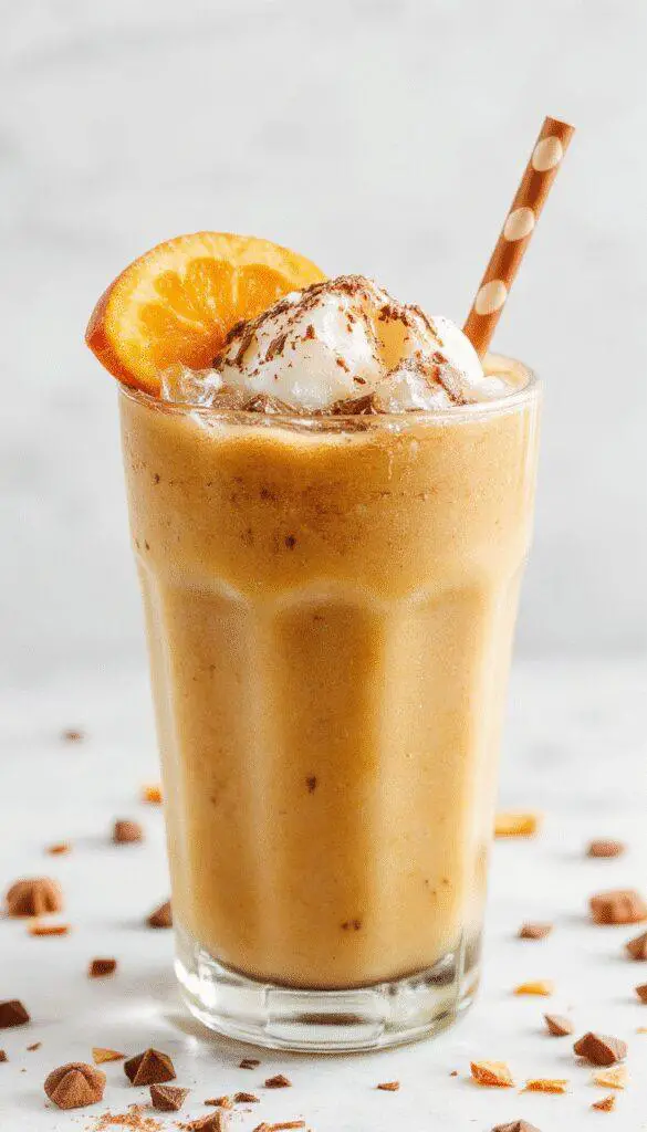 A tall glass filled with a creamy, light-colored pumpkin chai iced latte topped with a swirl of whipped cream and a sprinkle of cinnamon, garnished with a cinnamon stick. The beverage showcases a smooth, frothy texture with visible specks of spice, served on a rustic wooden table with autumnal decor in the background.
