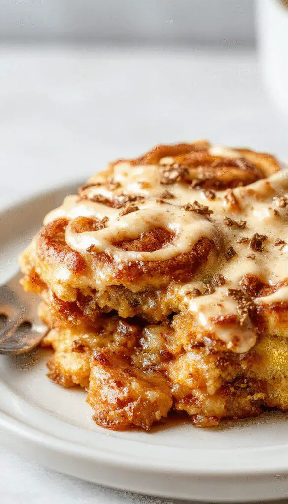 A golden-brown pumpkin cinnamon roll bake sliced to reveal swirls of cinnamon and pumpkin filling, topped with a light glaze and sprinkled with cinnamon, plated on a rustic white dish with a cozy kitchen background.