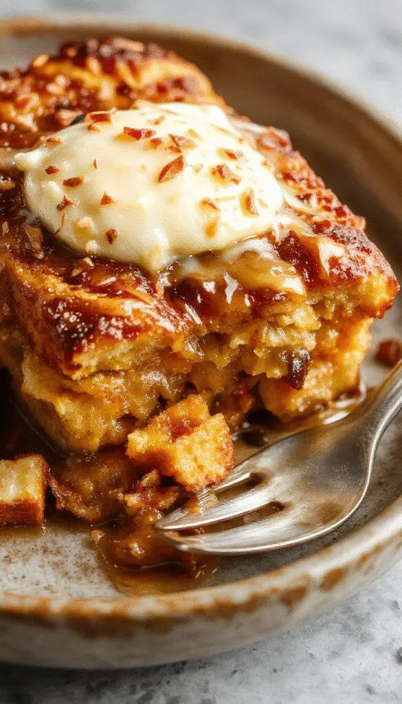A golden-brown pumpkin French toast casserole topped with a dusting of powdered sugar and fresh maple syrup. The casserole is garnished with sliced bananas and a few sprigs of mint, served in a rustic ceramic dish. The background features a wooden table and a cozy breakfast setting with a glass of orange juice and a fork.