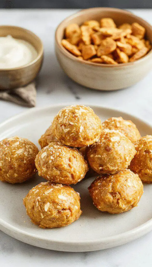 A close-up of a handful of vibrant orange pumpkin protein balls sprinkled with coconut flakes on a rustic wooden surface, arranged in a neat cluster highlighting their round shape and textured surface.