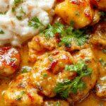 A creamy serving of homemade butter chicken garnished with fresh cilantro, placed on a rustic white plate. The rich orange sauce contrasts with the green herbs, with tender chicken pieces visible under the glossy coating. The background features a wooden table, and a side of steamed rice and naan bread add to the inviting presentation.