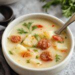 A cozy bowl of hearty sausage potato soup featuring chunks of golden potatoes and sliced sausages, garnished with fresh herbs. The soup is served in a rustic white ceramic bowl placed on a wooden table, with a spoon resting beside. The texture appears creamy with visible pieces of sausage and tender potatoes, evoking warmth and comfort.