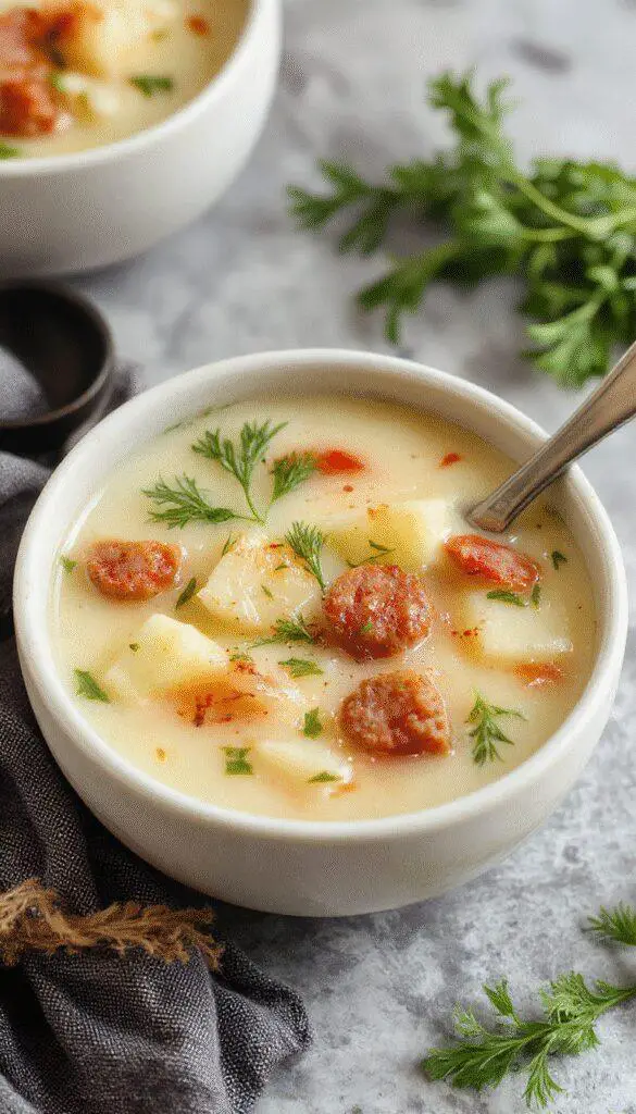 A cozy bowl of hearty sausage potato soup featuring chunks of golden potatoes and sliced sausages, garnished with fresh herbs. The soup is served in a rustic white ceramic bowl placed on a wooden table, with a spoon resting beside. The texture appears creamy with visible pieces of sausage and tender potatoes, evoking warmth and comfort.