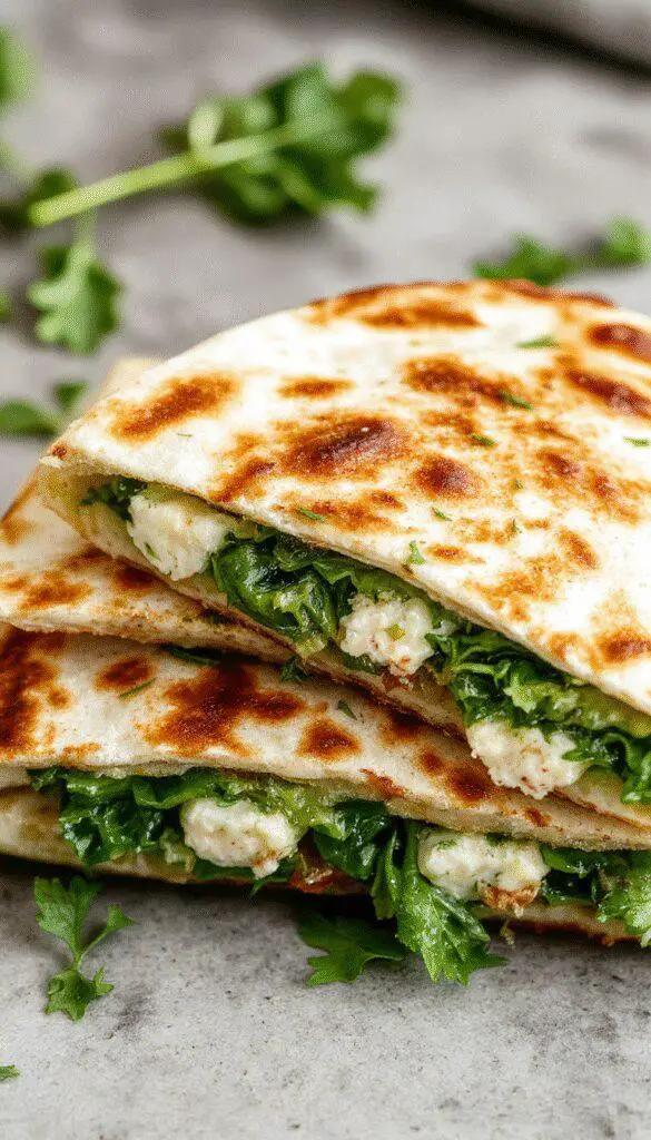 A close-up of a golden-brown quesadilla filled with vibrant green spinach and white crumbled feta cheese, sliced to reveal the gooey melted cheese and fresh spinach inside. The quesadilla is plated on a rustic wooden surface with a few fresh spinach leaves scattered around, highlighting the fresh ingredients and crispy texture.