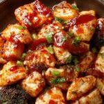 A vibrant plate featuring crispy, golden-brown sweet chili chicken garnished with chopped green onions and sesame seeds, served alongside colorful stir-fried vegetables on a sleek white dish, with a drizzle of sweet chili sauce highlighting the dish's glossy texture.