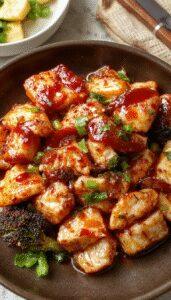 A vibrant plate featuring crispy, golden-brown sweet chili chicken garnished with chopped green onions and sesame seeds, served alongside colorful stir-fried vegetables on a sleek white dish, with a drizzle of sweet chili sauce highlighting the dish's glossy texture.