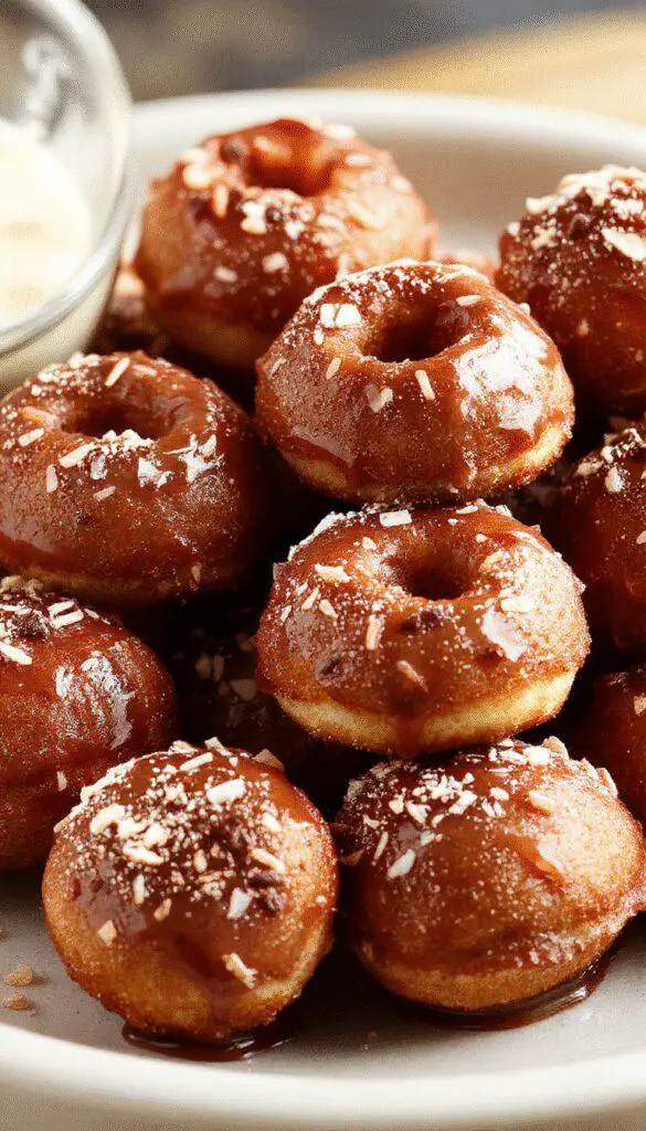 A close-up of golden-brown churro donut bites arranged on a rustic white plate. The bites are coated with cinnamon sugar, showcasing their crunchy exterior. In the background, a small bowl of apple compote and a sprinkle of cinnamon create a tempting scene. The vibrant colors of caramelized apple pieces add warmth and appeal, highlighting the crispy and fluffy textures of the bites.