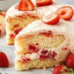 A tantalizing slice of homemade strawberry cream cake displayed on a elegant white plate. The cake features layers of luscious strawberry filling and fluffy cream, topped with fresh, vibrant strawberries and a hint of mint, all set against a rustic wooden table. The rich pink and white colors contrast beautifully, highlighting the cake's creamy texture and fresh fruit garnish.