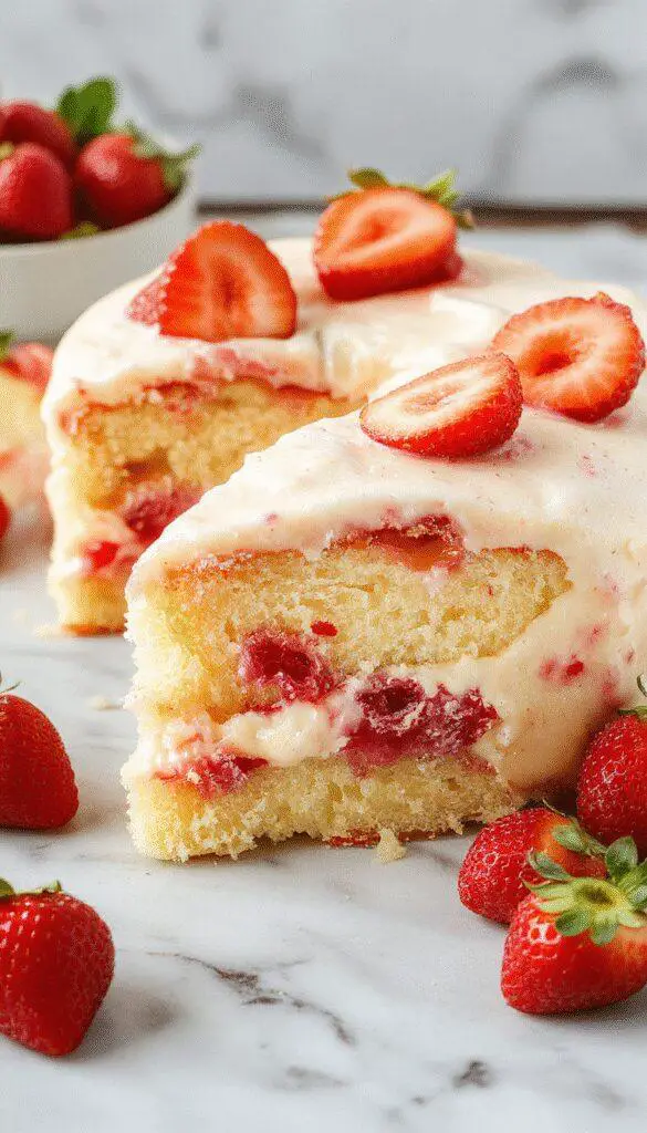 A tantalizing slice of homemade strawberry cream cake displayed on a elegant white plate. The cake features layers of luscious strawberry filling and fluffy cream, topped with fresh, vibrant strawberries and a hint of mint, all set against a rustic wooden table. The rich pink and white colors contrast beautifully, highlighting the cake's creamy texture and fresh fruit garnish.