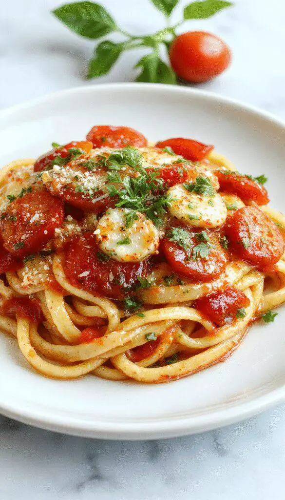 A vibrant plate of healthy tomato zucchini pasta featuring spiralized zucchini noodles topped with a rich tomato sauce, garnished with fresh basil leaves and sprinkled with grated Parmesan cheese. The presentation is colorful and inviting, highlighting the freshness of the vegetables and the hearty texture of the pasta.