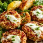 Golden-brown Mediterranean lemon chickpea patties arranged on a white plate with a drizzle of creamy yogurt sauce, garnished with fresh herbs, vibrant lemon wedges, and a side of crisp greens, all styled in a rustic yet elegant setting.