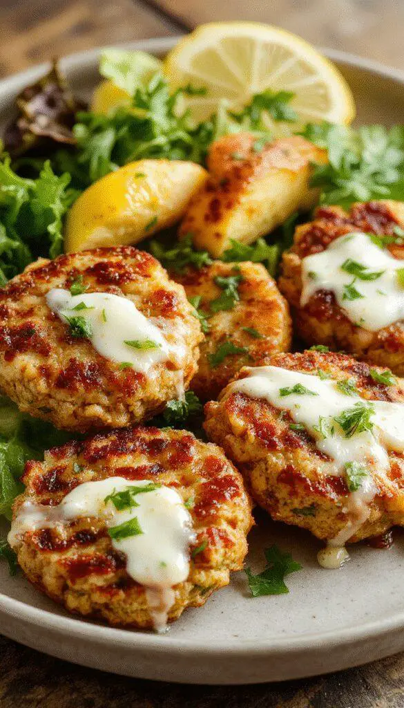 Golden-brown Mediterranean lemon chickpea patties arranged on a white plate with a drizzle of creamy yogurt sauce, garnished with fresh herbs, vibrant lemon wedges, and a side of crisp greens, all styled in a rustic yet elegant setting.