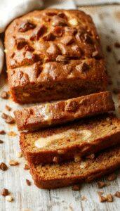 A sliced piece of pumpkin bread topped with a swirl of vanilla pudding and a sprinkle of cinnamon, set on a rustic wooden platter with a spoon nearby. The bread's golden crust contrasts with the creamy vanilla filling inside, and cinnamon dusting adds warmth to the presentation.