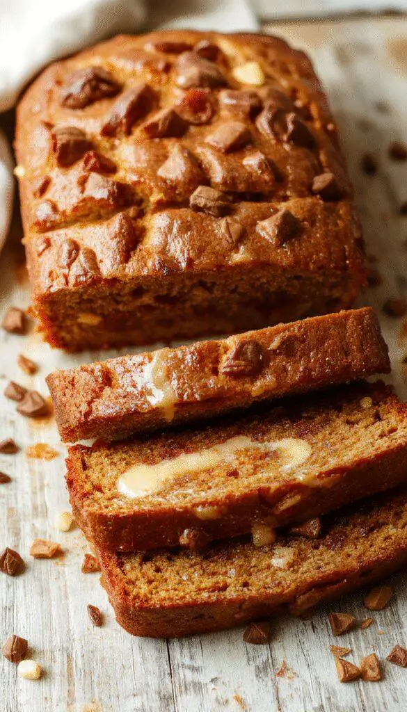 A sliced piece of pumpkin bread topped with a swirl of vanilla pudding and a sprinkle of cinnamon, set on a rustic wooden platter with a spoon nearby. The bread's golden crust contrasts with the creamy vanilla filling inside, and cinnamon dusting adds warmth to the presentation.