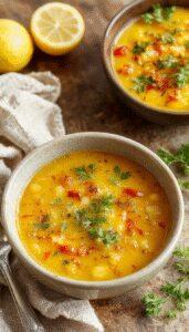 A vibrant bowl of vegan lemon lentil soup garnished with fresh herbs, bright yellow in color, served on a rustic wooden table with lemon wedges and a sprinkle of turmeric on top. The smooth, hearty soup showcases lentils and a zesty lemon zest twist, inviting a warm and wholesome feeling.