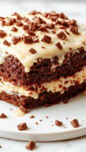 A slice of Healthy White German Chocolate Cake on a white plate, showcasing its moist, fluffy white layers topped with creamy coconut frosting and sprinkled with crushed nuts, garnished with a few coconut flakes and a drizzle of white chocolate, served alongside a fork on a rustic wooden table.