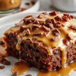 A close-up of a slice of healthy gooey coffee caramel cake on a white plate, topped with a drizzle of caramel sauce and sprinkled with coffee grounds. The cake has a moist, dense texture with a rich caramel-colored interior and a glossy caramel glaze on top. In the background, a cup of frothy coffee and a few coffee beans add depth to the presentation, highlighting the coffee flavor in the cake.