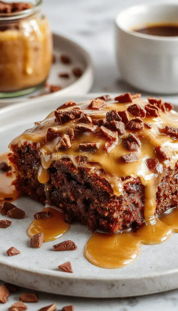 A close-up of a slice of healthy gooey coffee caramel cake on a white plate, topped with a drizzle of caramel sauce and sprinkled with coffee grounds. The cake has a moist, dense texture with a rich caramel-colored interior and a glossy caramel glaze on top. In the background, a cup of frothy coffee and a few coffee beans add depth to the presentation, highlighting the coffee flavor in the cake.