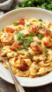 A close-up of a creamy pasta dish topped with crispy bacon and tender chicken pieces, garnished with chopped herbs. The pasta is served on a white plate with a fork beside it, highlighting the rich texture and vibrant colors of the ingredients.