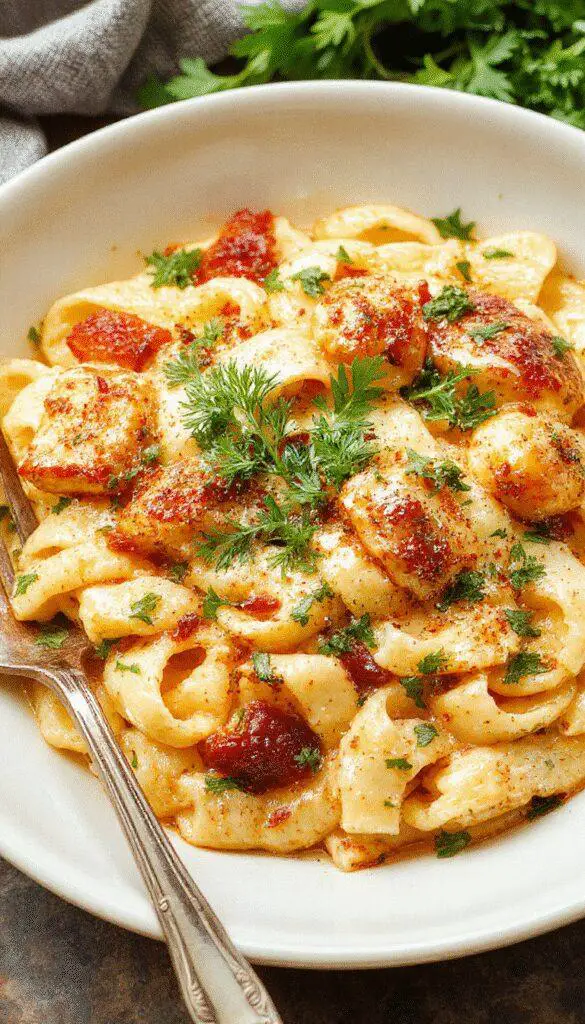 A close-up of a creamy pasta dish topped with crispy bacon and tender chicken pieces, garnished with chopped herbs. The pasta is served on a white plate with a fork beside it, highlighting the rich texture and vibrant colors of the ingredients.