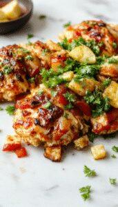 A colorful sheet pan filled with sizzling chicken strips, vibrant red and green bell peppers, and onions, all coated in spices. The ingredients are neatly arranged and slightly charred, garnished with fresh cilantro and lime wedges, creating an inviting and appetizing look.
