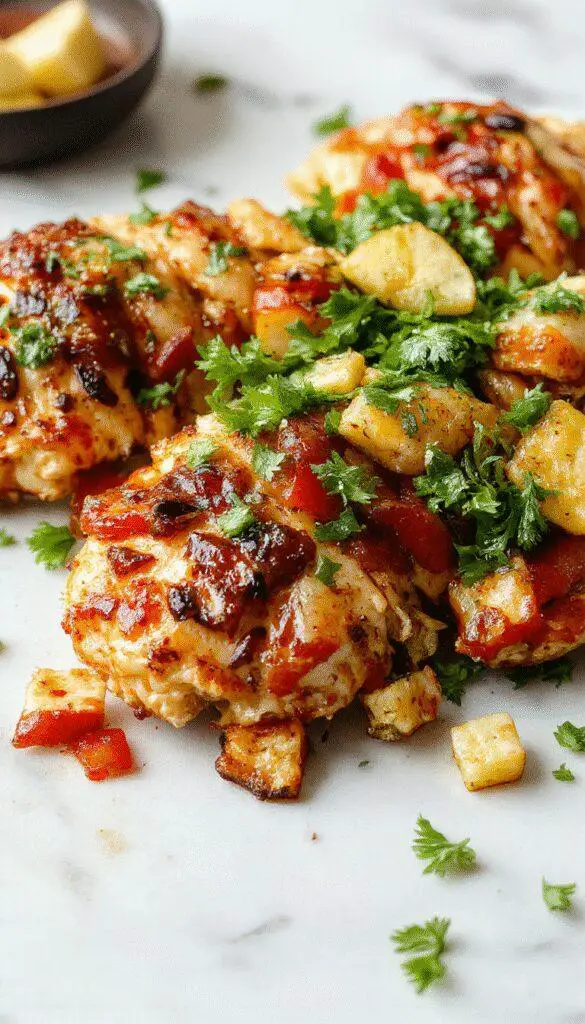 A colorful sheet pan filled with sizzling chicken strips, vibrant red and green bell peppers, and onions, all coated in spices. The ingredients are neatly arranged and slightly charred, garnished with fresh cilantro and lime wedges, creating an inviting and appetizing look.