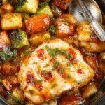 A vibrant plate featuring tender honey garlic chicken glazed with a glossy sauce, surrounded by colorful roasted vegetables and garnished with fresh herbs. The dish is served on a rustic plate with steam rising, highlighting the juicy chicken pieces and caramelized vegetables, all arranged artfully for an inviting presentation.