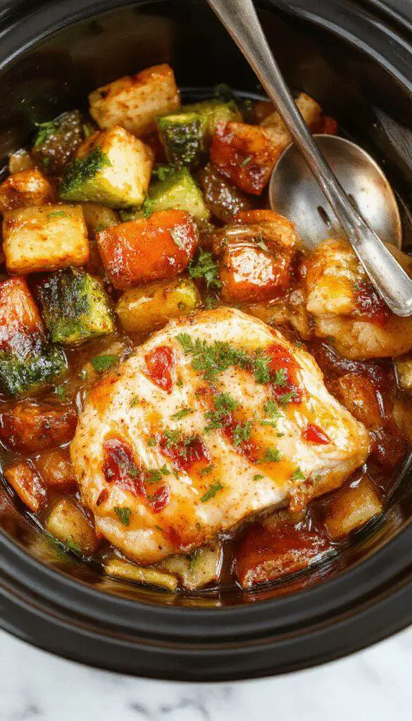 A vibrant plate featuring tender honey garlic chicken glazed with a glossy sauce, surrounded by colorful roasted vegetables and garnished with fresh herbs. The dish is served on a rustic plate with steam rising, highlighting the juicy chicken pieces and caramelized vegetables, all arranged artfully for an inviting presentation.