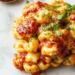 A hearty serving of BBQ Chicken Mac and Cheese plated in a rustic bowl. The mac and cheese is topped with shredded BBQ chicken, drizzled with smoky BBQ sauce, and garnished with chopped green onions. The vibrant orange and creamy yellow cheese meld with the juicy chicken, creating an inviting and appetizing presentation.