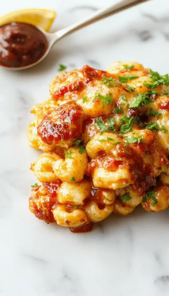 A hearty serving of BBQ Chicken Mac and Cheese plated in a rustic bowl. The mac and cheese is topped with shredded BBQ chicken, drizzled with smoky BBQ sauce, and garnished with chopped green onions. The vibrant orange and creamy yellow cheese meld with the juicy chicken, creating an inviting and appetizing presentation.