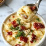A bowl of creamy bacon cheddar gnocchi soup topped with melted cheese, crispy bacon bits, and fresh herbs. The soup is thick with visible chunks of potatoes and Gnocchi, presented in a rustic white bowl on a wooden surface with a spoon beside it.