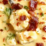 A warm bowl of creamy bacon cheddar gnocchi soup with melted cheese, crispy bacon bits, and tender gnocchi floating in a rich, golden broth, garnished with fresh herbs, served on a rustic wooden table with a spoon and a soft cloth napkin.