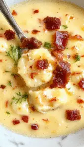 A warm bowl of creamy bacon cheddar gnocchi soup with melted cheese, crispy bacon bits, and tender gnocchi floating in a rich, golden broth, garnished with fresh herbs, served on a rustic wooden table with a spoon and a soft cloth napkin.