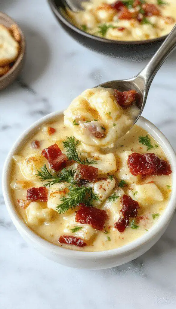 A bowl of creamy bacon cheddar gnocchi soup topped with melted cheese, crispy bacon bits, and fresh herbs. The soup is thick with visible chunks of potatoes and Gnocchi, presented in a rustic white bowl on a wooden surface with a spoon beside it.