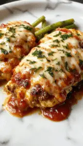 A golden-brown baked chicken parmesan fillet topped with melted marinara sauce and bubbling mozzarella cheese, garnished with fresh basil leaves, served on a white plate with a side of spaghetti and a sprinkle of grated Parmesan.