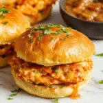 A row of crispy, golden brown Bang Bang Chicken Sliders topped with a tangy drizzle and fresh herbs, neatly arranged on a rustic wooden platter with a side of coleslaw.