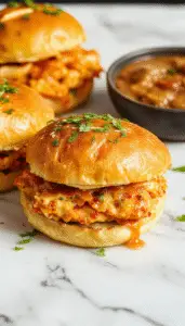 A row of crispy, golden brown Bang Bang Chicken Sliders topped with a tangy drizzle and fresh herbs, neatly arranged on a rustic wooden platter with a side of coleslaw.