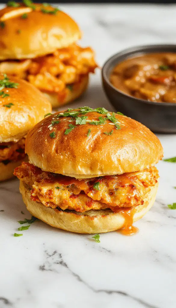 A row of crispy, golden brown Bang Bang Chicken Sliders topped with a tangy drizzle and fresh herbs, neatly arranged on a rustic wooden platter with a side of coleslaw.