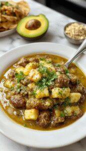A vibrant plate of Beef Chile Verde featuring tender chunks of beef in a rich green chili sauce, garnished with fresh cilantro and served with warm tortillas. The dish is presented on a rustic wooden table, with steam rising, highlighting the hearty and colorful nature of the Mexican stew.