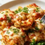 A close-up of cheesy chicken Alfredo lasagna rolls arranged on a white ceramic platter. The rolls are golden-brown with melted cheese bubbling on top, oozing slightly as they are sliced open to reveal tender chicken, creamy Alfredo sauce, and pasta spirals inside. Garnished with fresh parsley, the presentation emphasizes warm, comforting textures with a golden crust and creamy filling.