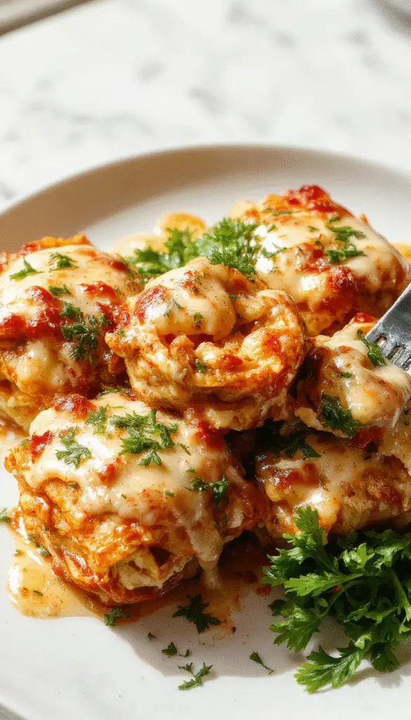 A close-up of cheesy chicken Alfredo lasagna rolls arranged on a white ceramic platter. The rolls are golden-brown with melted cheese bubbling on top, oozing slightly as they are sliced open to reveal tender chicken, creamy Alfredo sauce, and pasta spirals inside. Garnished with fresh parsley, the presentation emphasizes warm, comforting textures with a golden crust and creamy filling.