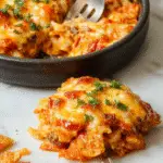 A golden-brown cheesy Dorito casserole in a large baking dish, topped with melted cheese and crushed Doritos, garnished with chopped herbs. The casserole is sliced to reveal layers of seasoned beef, creamy cheese, and crunchy Doritos, with a crispy, bubbly top and inviting warm tones.