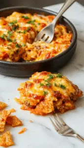 A golden-brown cheesy Dorito casserole in a large baking dish, topped with melted cheese and crushed Doritos, garnished with chopped herbs. The casserole is sliced to reveal layers of seasoned beef, creamy cheese, and crunchy Doritos, with a crispy, bubbly top and inviting warm tones.